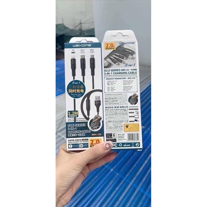 Cáp sạc nhanh ,Cáp sạc 3 đầu Wekome WDC-125 đa năng dây bọc dù cao cấp chống đứt gãy.Hàng chính hãng