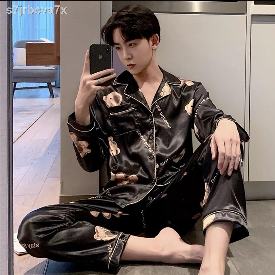 Bộ đồ ngủ của nam giới mỏng lụa băng cộng với phân bón quần dài tay rộng rãi mùa xuân và thu hè dịch vụ