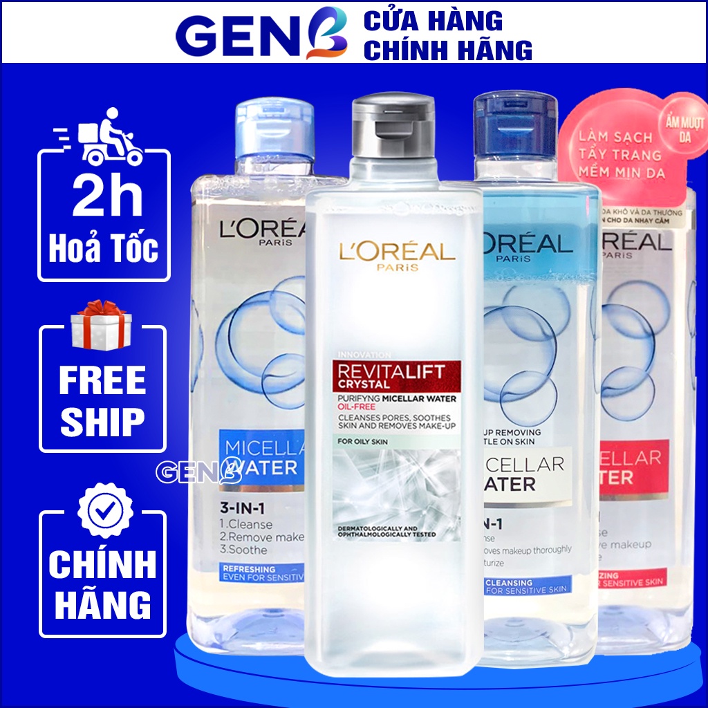 Tẩy Trang L oreal CHÍNH HÃNG - Nước Tẩy Trang Loreal 400ml Cho Da Dầu, Da Nhạy Cảm, Da Khô - Mỹ Phẩm GENB
