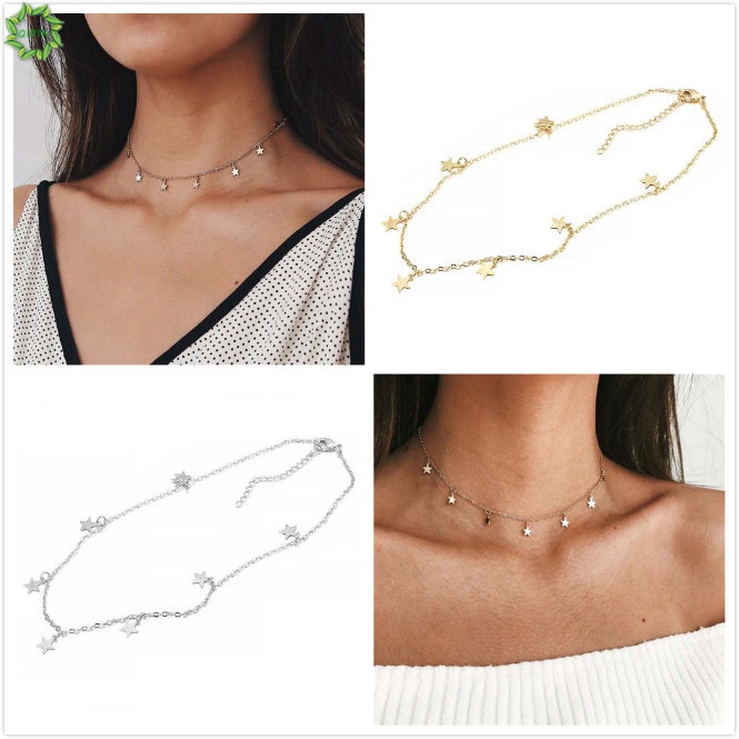Vòng cổ Choker Nhiều Lớp Mặt Hình Ngôi Sao / Mặt Trăng Màu Vàng / Bạc Phong Cách Hàn Quốc Thanh Lịch