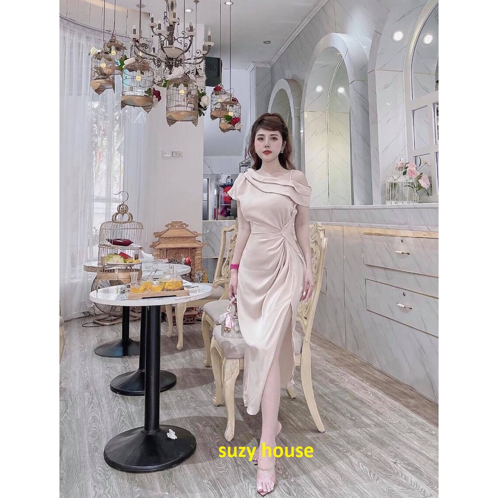 Váy lụa nhún eo lệch vai