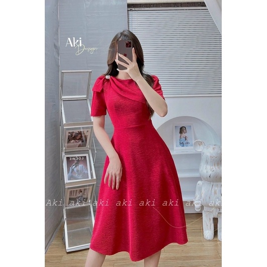 Đầm thời trang nữ mặc đi tiệc chất xốp kim cương tay búp cổ đính hoa dài xếp ly váy dài qua gối xoè