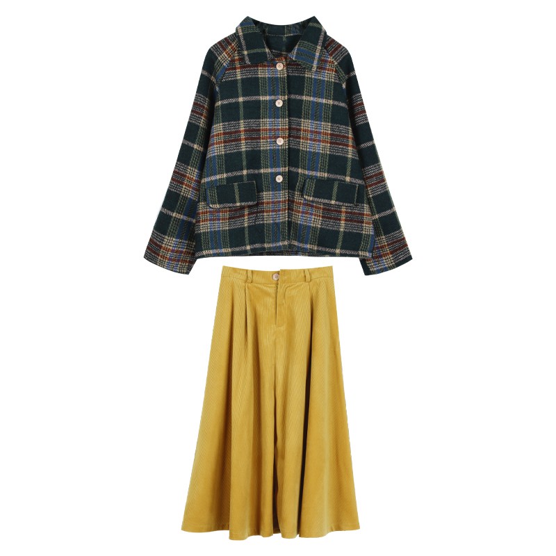 (ORDER) Áo kkhóa dạ nữ kẻ sọc xanh cổ bẻ POLO búp bê+ Chân váy xòe dài style Vintage Hong Kong | BigBuy360 - bigbuy360.vn