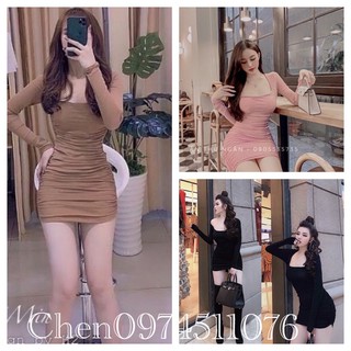 Váy body - Đầm body nữ dài tay cổ vuông nhún sườn chất đẹp ơi