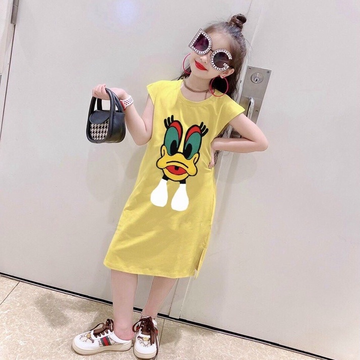 Đầm suông xẻ tà hình vịt SUN KID'S, Váy bé gái cute chất cotton size đại cho bé từ 17 đến 45 kg