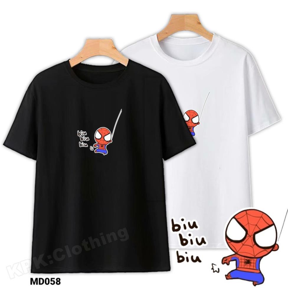 HOT- Áo Thun Cotton Mavel Dc Spider Man Biu Biu Unisex Nam Nữ Trắng Đen