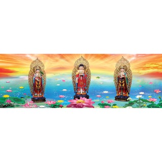 Tranh dán tường 3D tam thánh vải lụa kim tuyến khổ lớn ( kích thước theo yêu cầu)
