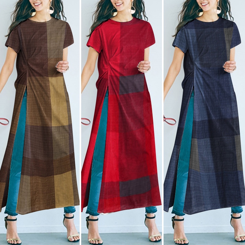 Áo kiểu Zanzea tay ngắn cổ tròn họa tiết kẻ caro phong cách retro thời trang cho nữ