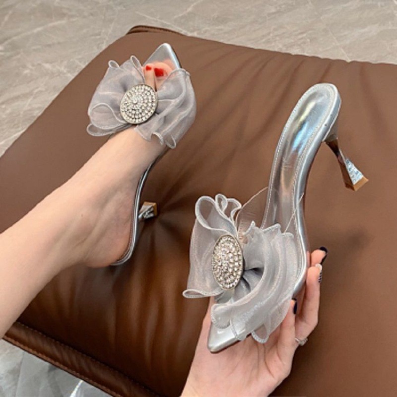 Dép Cao Gót Quai Trong Suốt Đính Nơ Thời Trang Mùa Hè Dành Cho Nữ