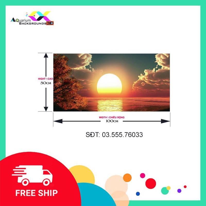 Tranh 3D dán hồ cá cảnh bình minh, siêu đẹp, có keo sẵn trên bề mặt, có thể in theo kích thước yêu cầu