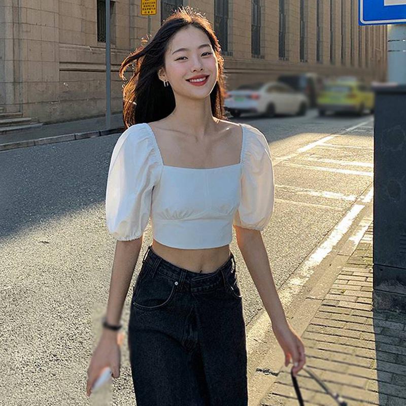 Áo croptop ngắn tay cổ vuông hở lưng màu sắc thanh lịch thời trang