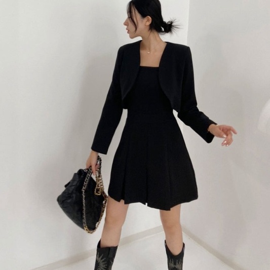 [ORDER] Set Đầm Cộc Tay Dáng Ngắn Xếp Ly + Áo Vest Eo Thon Mùa Thu Siêu Sang Chảnh 2022 VD127 ICC Official Store