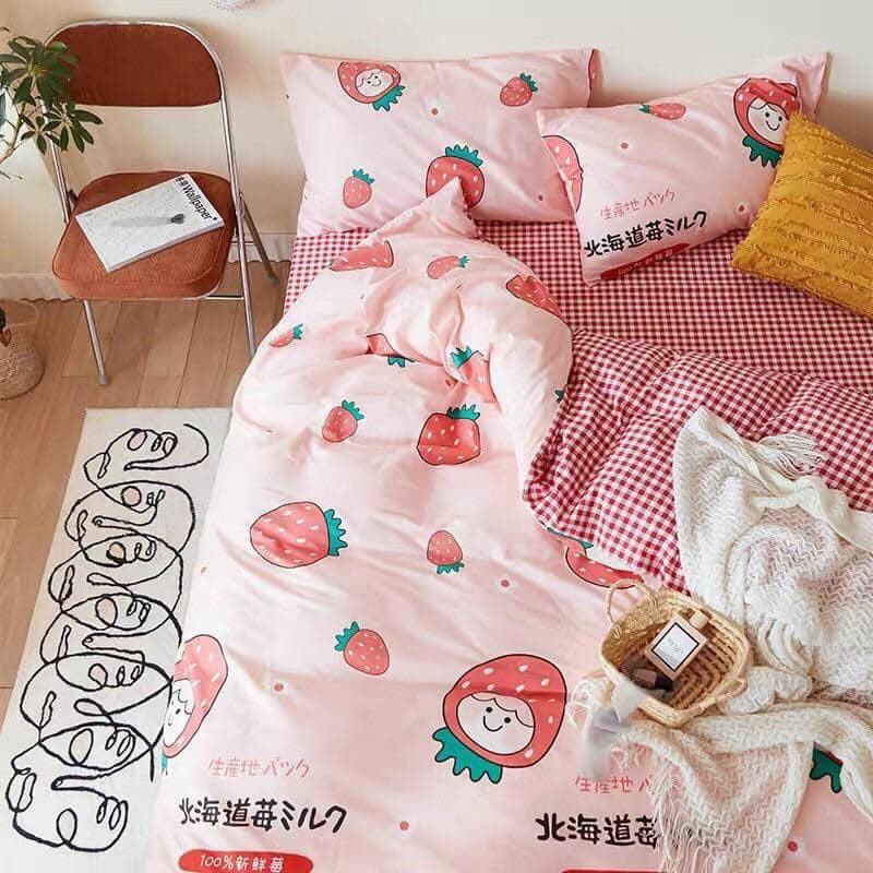 Bộ chăn ga gối cotton poly cao cấp, Sét 4 món chăn ga gối mẫu hình phong cách Hàn Quốc