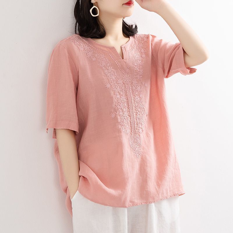 Áo Thun Cotton Lanh Cổ V Tay Ngắn Dáng Rộng Thời Trang Mùa Hè Cho Nữ 2022