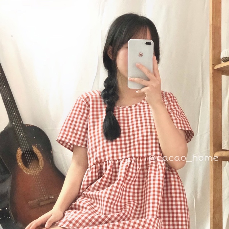 Áo babydoll caro tay ngắn xinh xắn tặng kèm scrunchie cùng màu