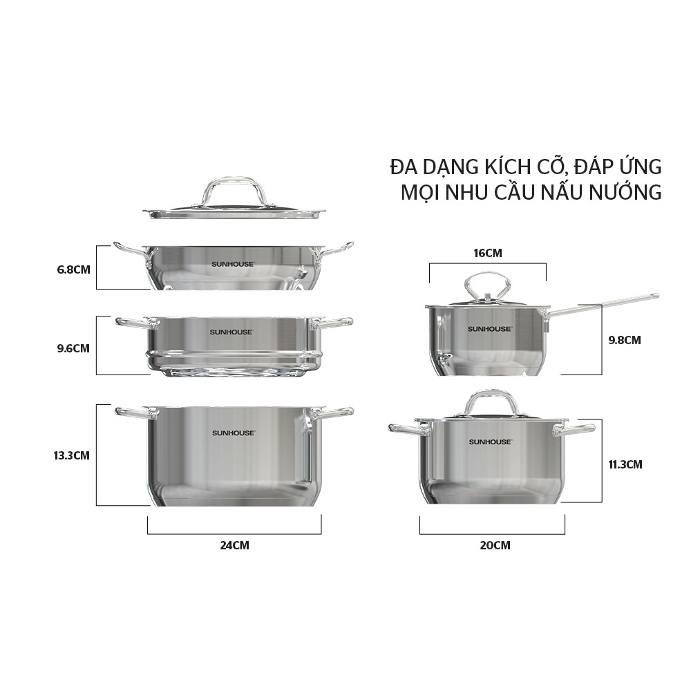 Bộ nồi chảo quánh xửng hấp  INOX 5 ĐÁY SUNHOUSE SHG995 (cao cấp an toàn đa năng dùng được bếp từ)