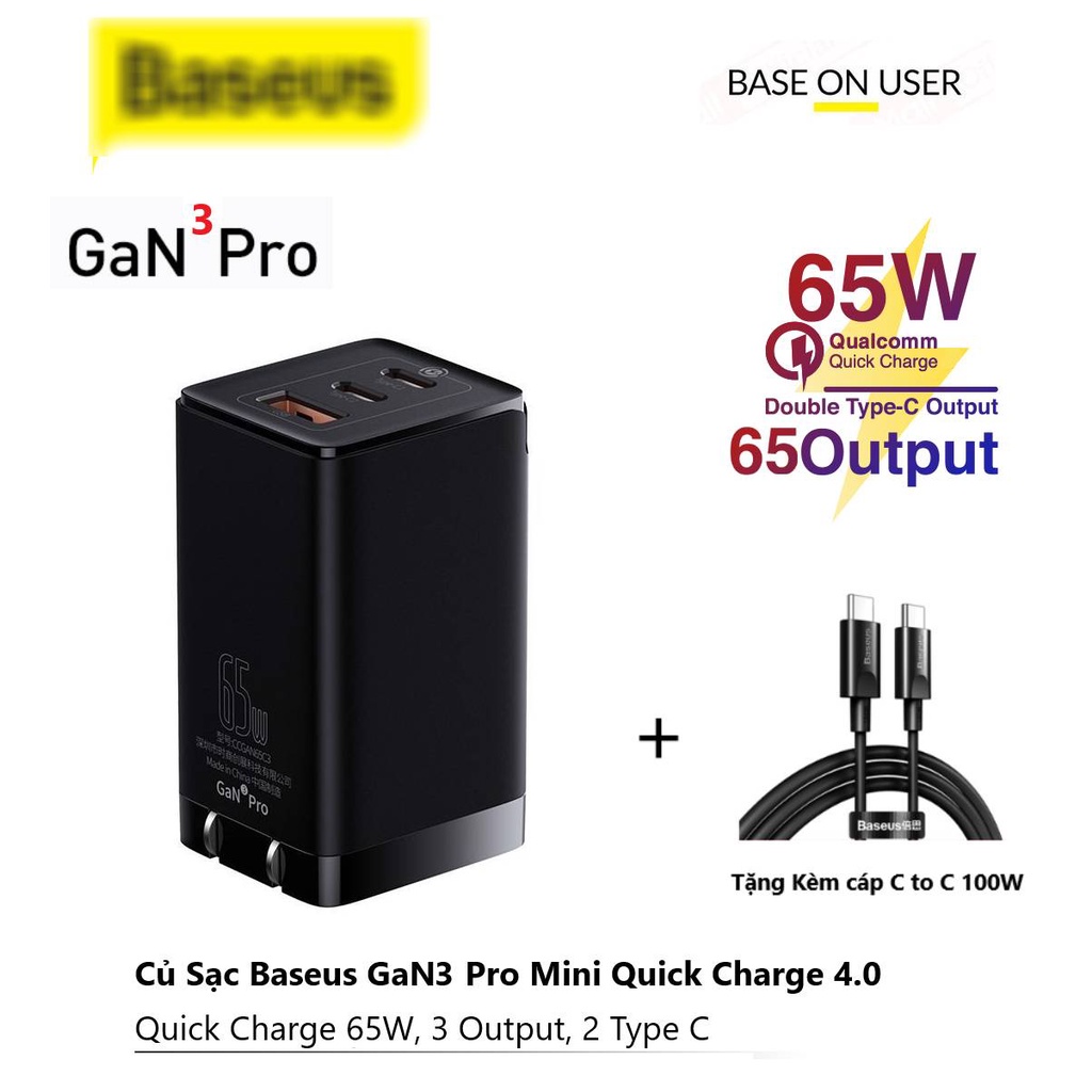 Củ sạc nhanh Baseus GaN 65W / 45W / Gan3 pro USB Quick Charge 4.0 3.0 PD cho Smartphone/ Tablet/ Ip/ Mac/ Laptop
