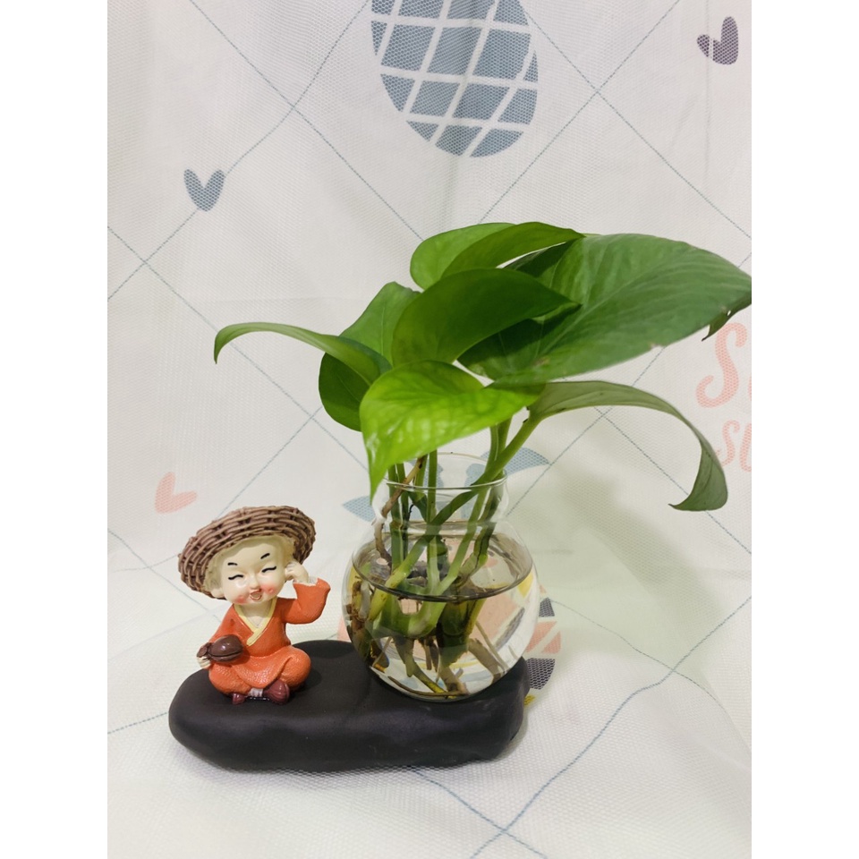 Bộ tượng 4 chú tiểu tứ không đội nón kèm lọ hoa thủy tinh trồng cây ,nuôi cá
