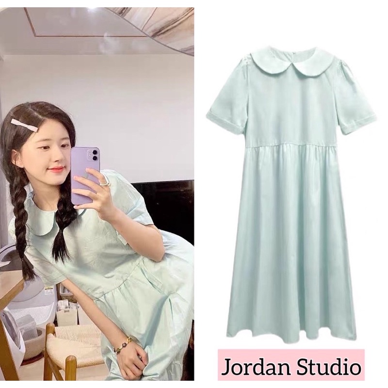 Đầm xanh mint cổ peter pan giống Triệu Lộ Tư
