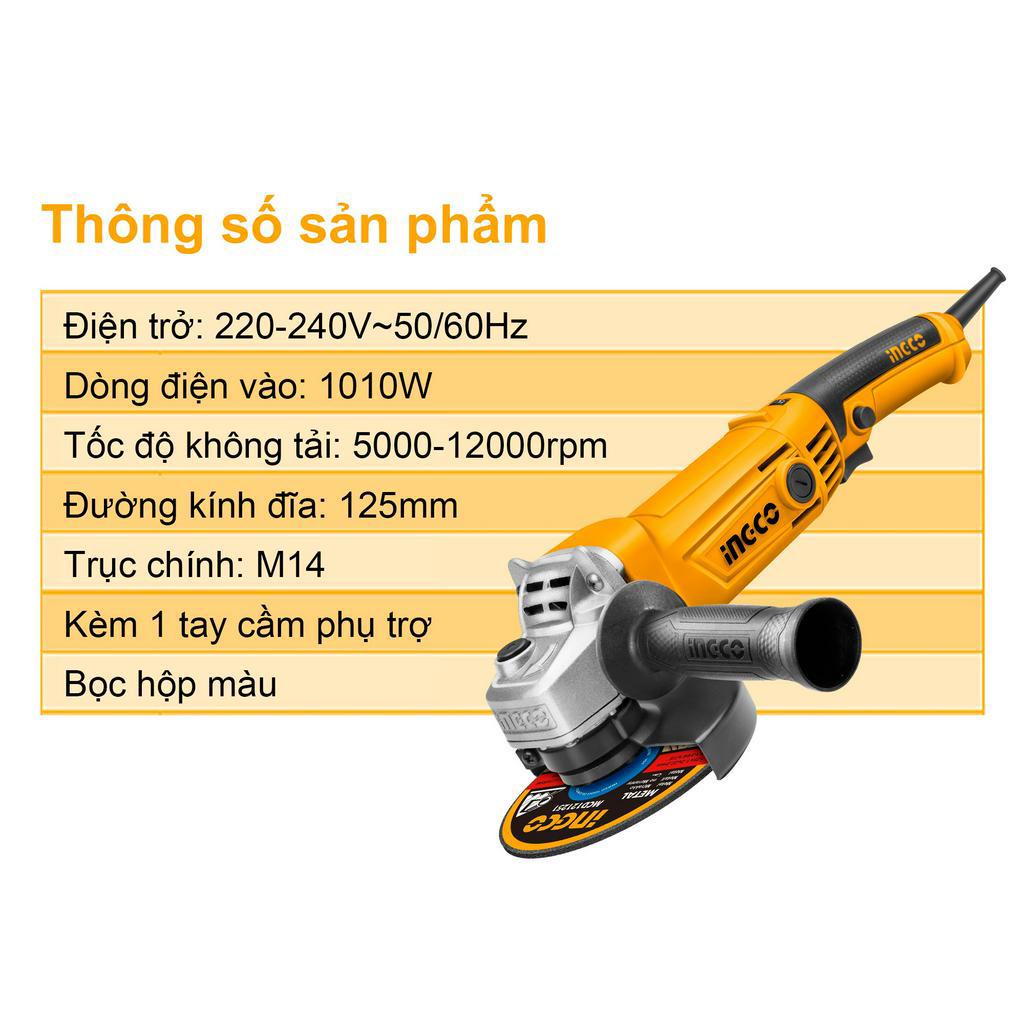 Máy mài góc có điều chỉnh tốc độ INGCO AG10108-5, công suất 1010W, điện áp 220V, đường kính đĩa 125mm