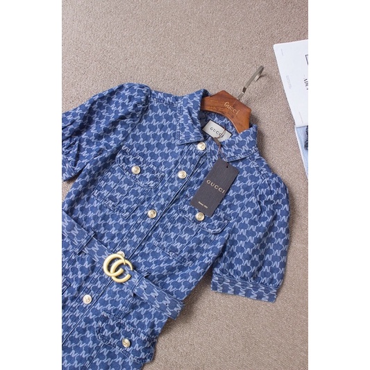 Đầm denim phối đai thắt eo Gucci GG/GG 2022 cao cấp phong cách retro cho nữ