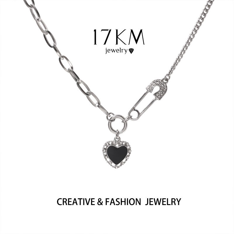 Vòng cổ AY mạ bạc 2K mặt trái tim đính đá pha lê đen thanh lịch
