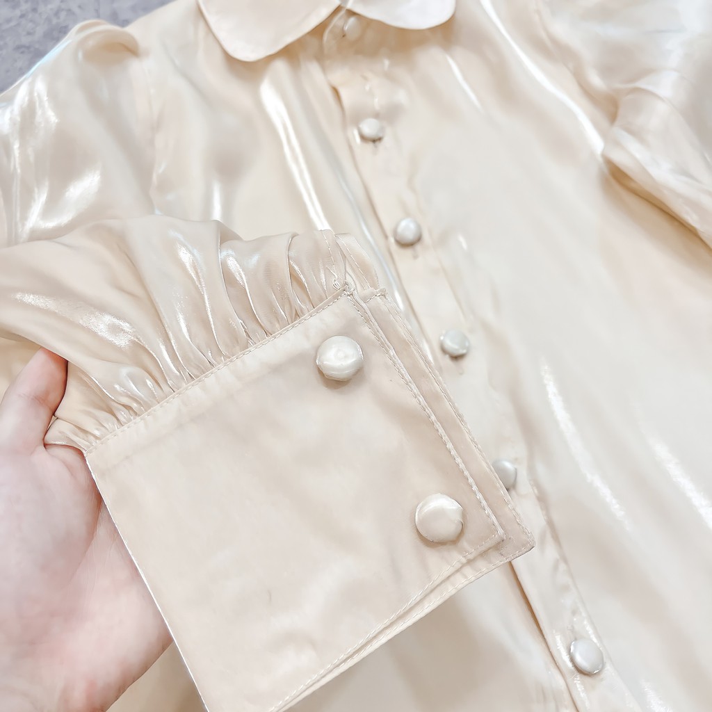 [Mã FAMARAL1 giảm 10K đơn 50K] ÁO SƠ MI MÀU BE CỔ SEN TAY BỒNG