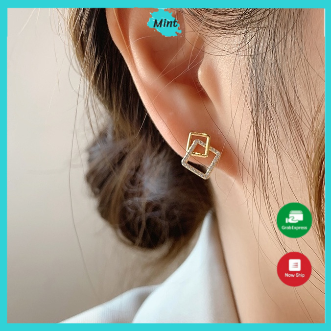 Bông Tai Nữ ❤️KHÔNG GÂY DỊ ỨNG❤️ Khuyên Tai Hình Học Vuông Đan Nhau Sang Chảnh Phong Cách Hàn Quốc