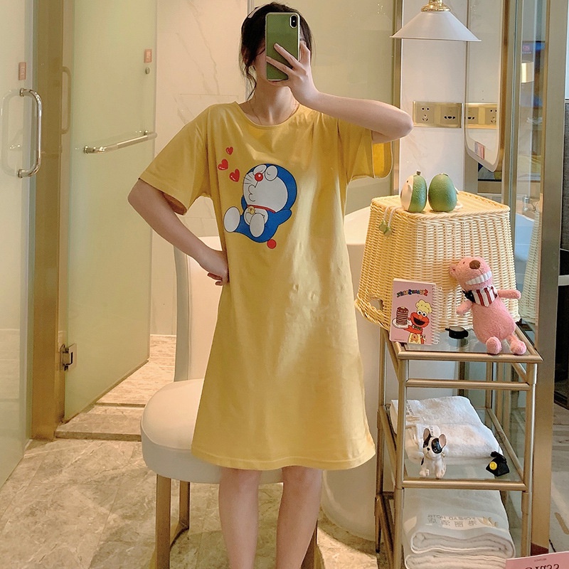 Đầm Suông Dài Tay Lỡ, Váy Suông Dáng Dài Nữ Cổ Tròn Chất Cotton In Hình Mèo Ú Doraemon Đáng Yêu Tinh Tế TTDS0242