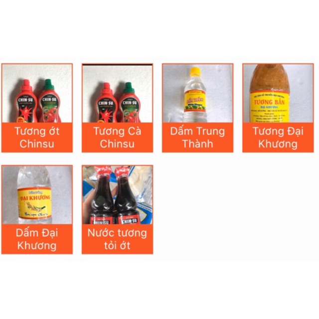 Tương ớt, Tương cà, Dấm, Tương, Xì dầu...