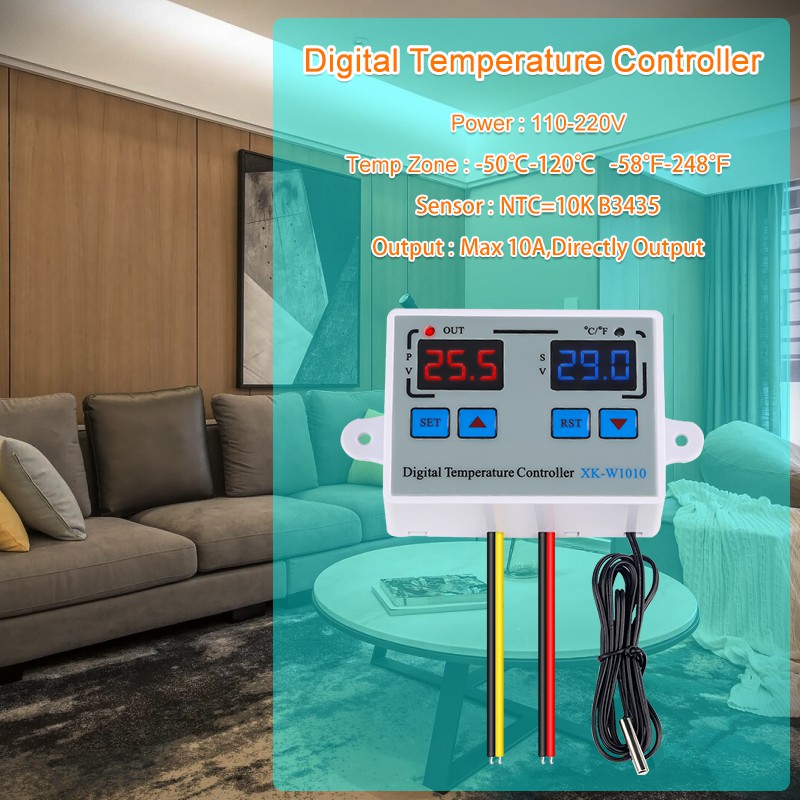 W1010 Bộ điều chỉnh nhiệt độ kỹ thuật số độ C Fahrenheit Bộ điều khiển nhiệt độ cho máy ấp trứng Đèn LED chuyển tiếp 10A Máy làm nóng Máy làm mát Đầu ra Trực tiếp
