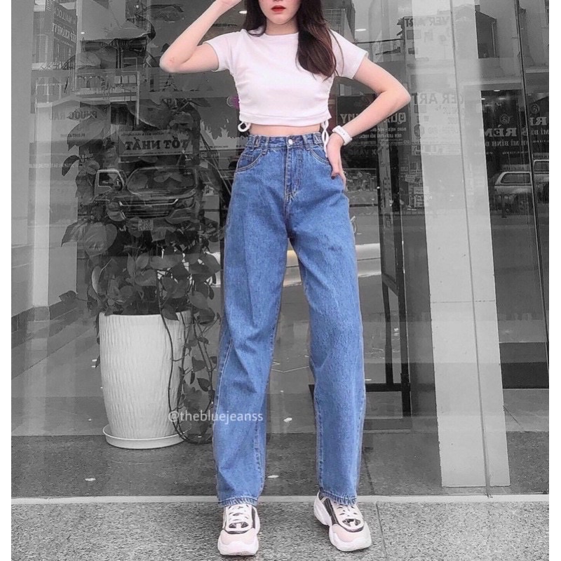 Quần jeans ống rộng khuy cạp xanh đậm chất dày đẹp phom dài