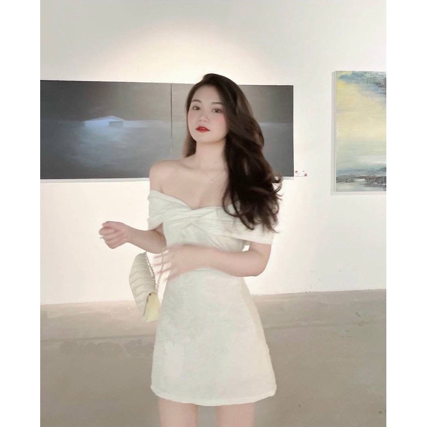 Đầm Gấm Bẹt Vai Nơ Xoắn - YUME Y0610