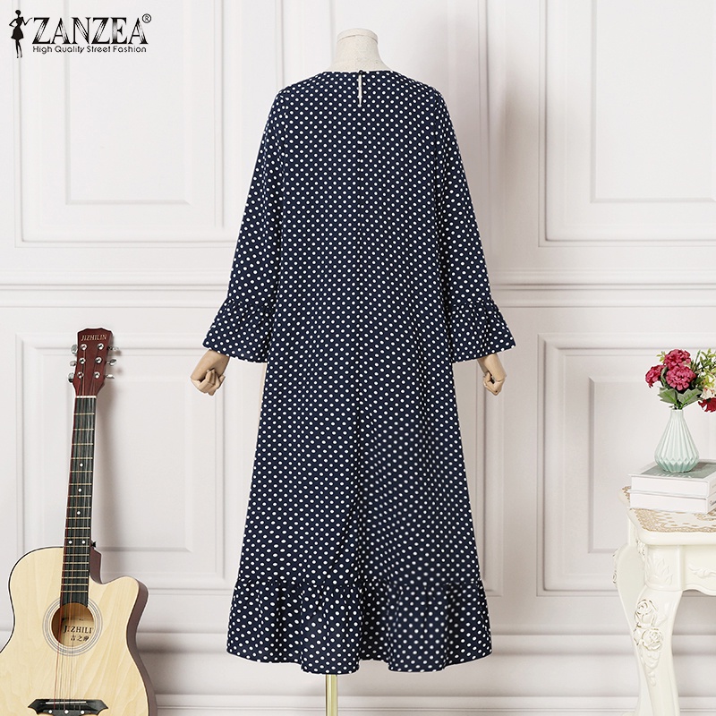 Đầm ZANZEA dài tay cổ tròn in chấm bi phối ren thời trang cổ điển cho nữ