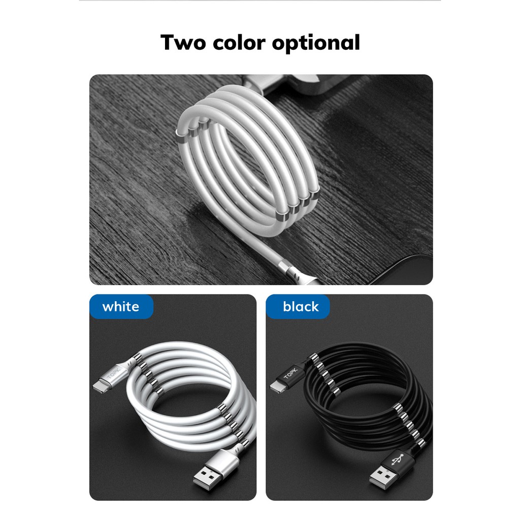 Dây cáp sạc Topk AN07 đầu nam châm truyền dữ liệu sạc nhanh có thể thu vào chống rối,dành cho iphone,android