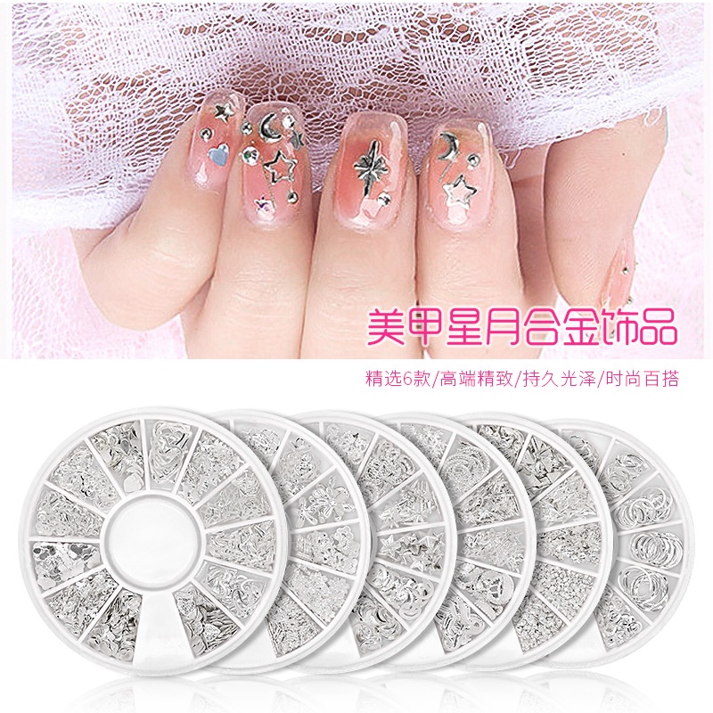 Charm nail phụ kiện sắt bạc mix hình Yapas x Pinpai , Sticker sắt mạ bạc hoa trái tim vòng trang trí móng tay