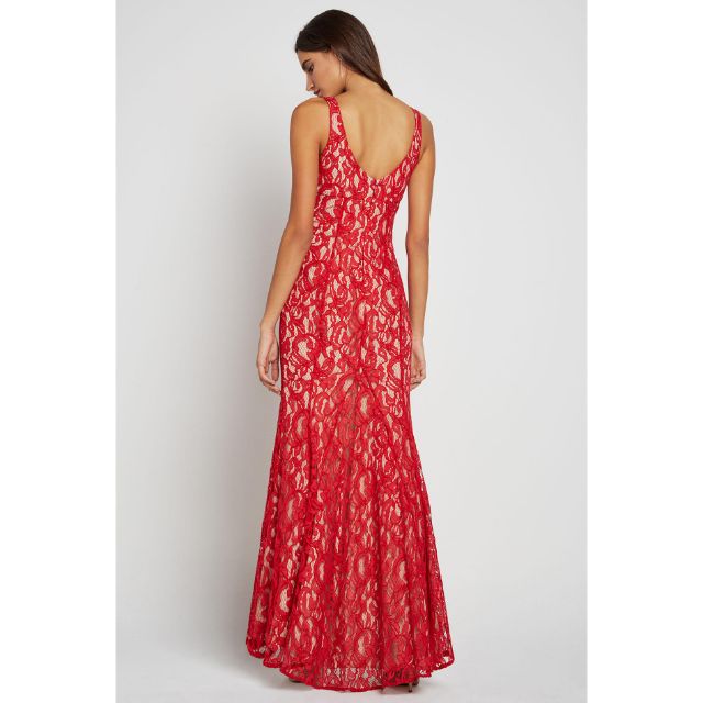 Đầm dạ hội BCBG Red Floral Lace Side Slit Godets Dress