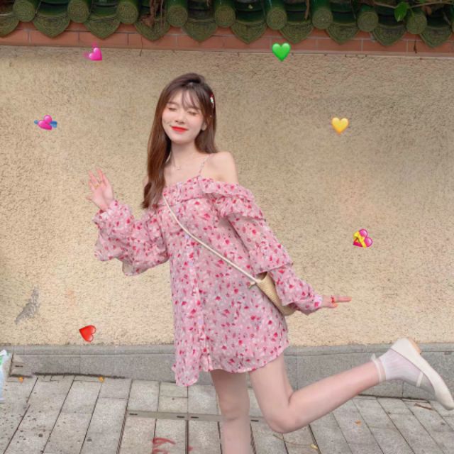 ORDER+ẢNH THẬT| Đầm voan 2 dây trễ vai hoa nhí Ulzzang siêu cute