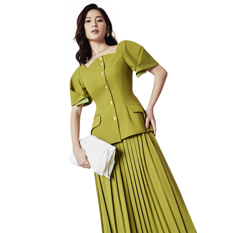 Áo Cổ Cong Tay Xếp -  Chân Váy Dập - Xanh Lá - Reina