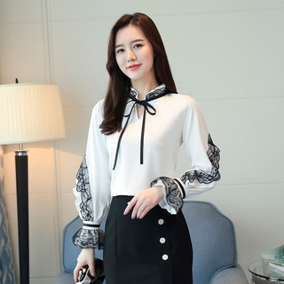 Áo kiểu cổ đứng và tay dài ống loe viền ren điệu đà và thanh lịch cho nữ