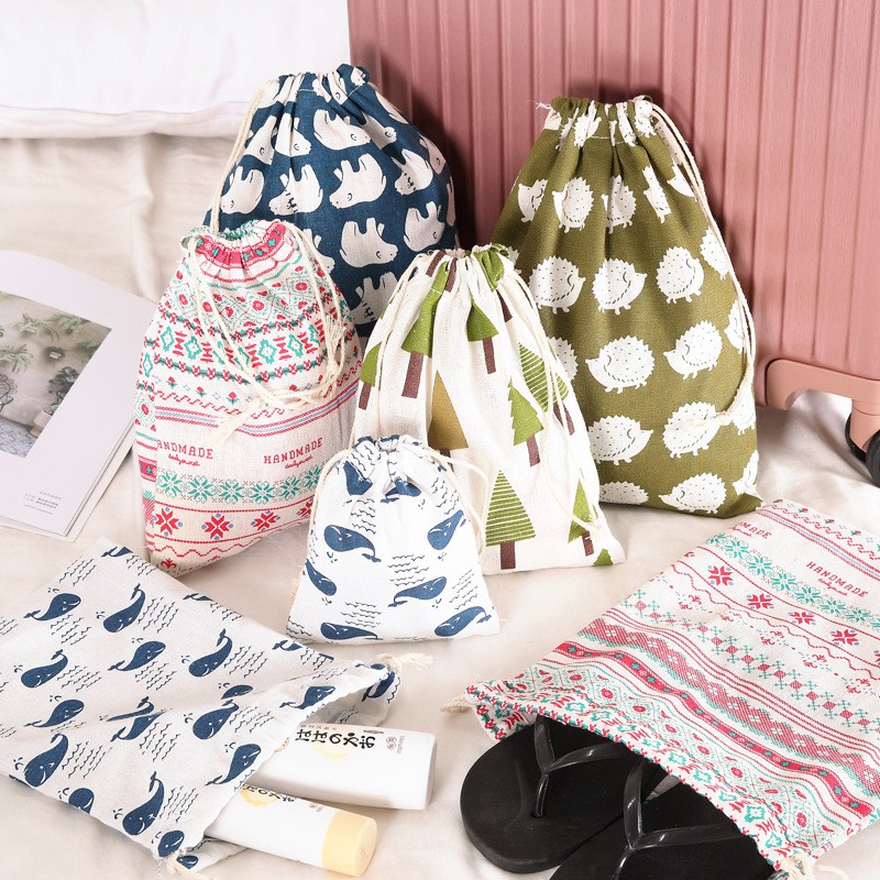 Túi Dây Rút Cotton In Họa Tiết Hoạt Hình Đựng Đồ Dùng Du Lịch Tiện Dụng