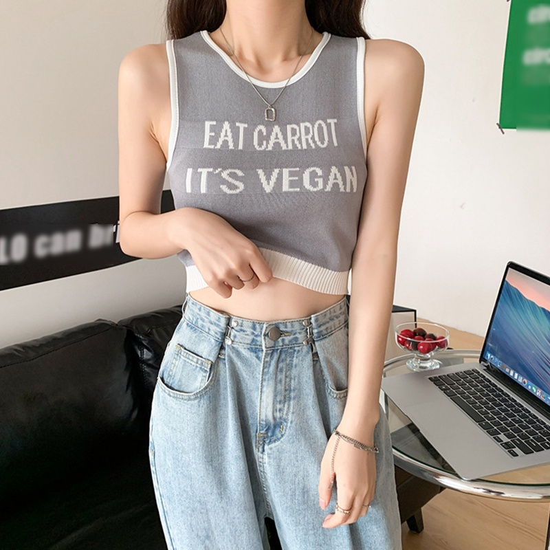 Brroa Áo Crop Top Dệt Kim Không Tay In Chữ Phối Màu Tương Phản Thời Trang Mùa Hè Cho Nữ