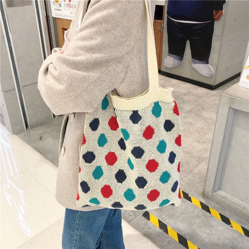 【Insfree】Student Knitted Handbag Tote Bag Wool Shoulder Cloth Bag Ins Recommended