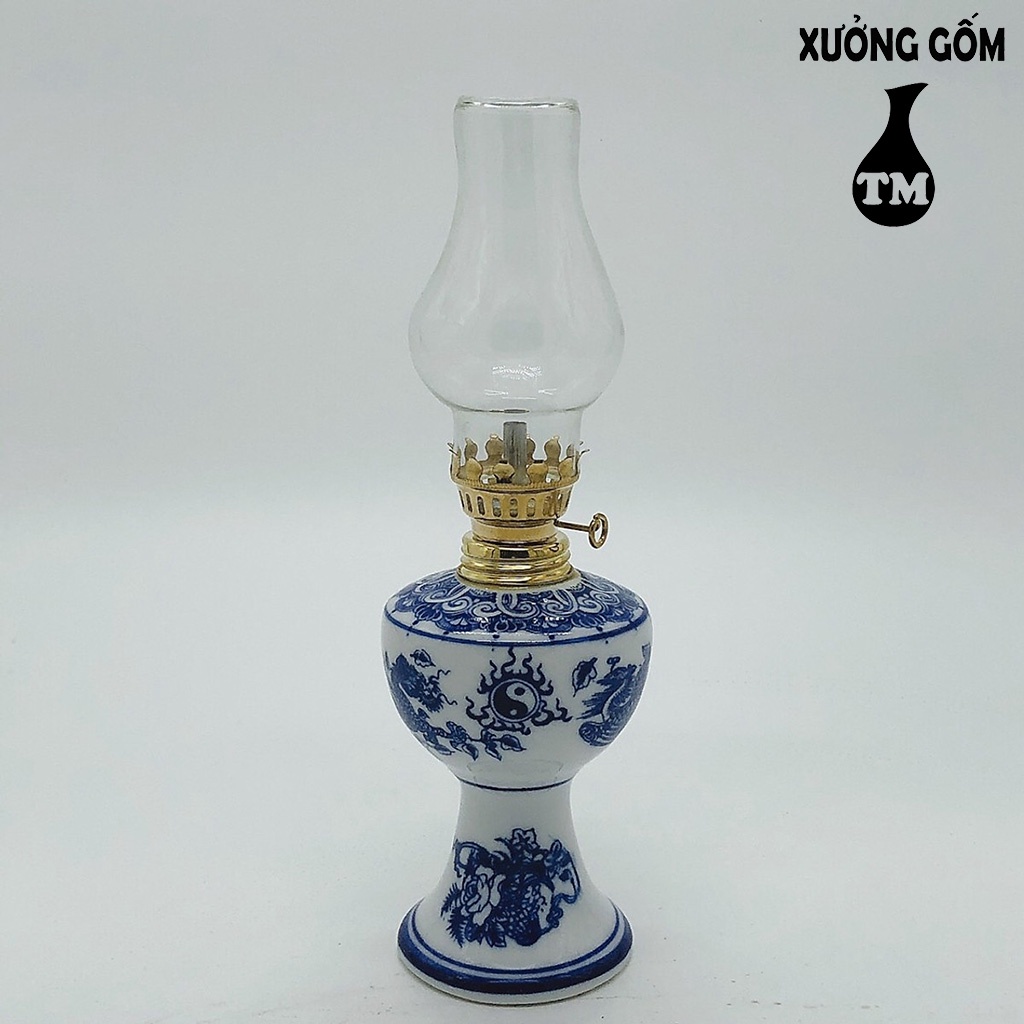 Đèn Thờ Dầu Men Xanh Lam Vẽ Rồng Xưởng Gốm TM