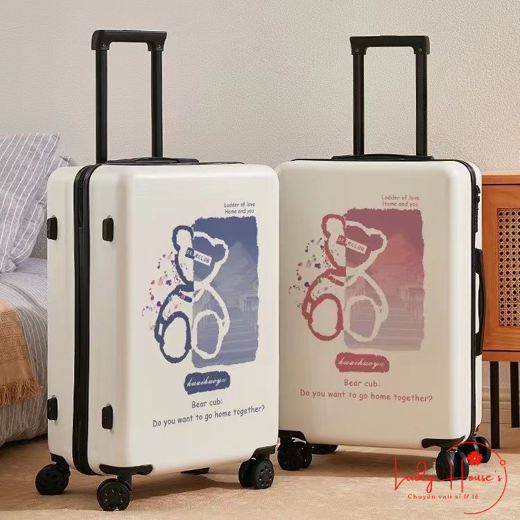 MẪU MỚI_VaLi Kéo Du Lịch In Hình Gấu Dễ Thương Chất Liệu Nhựa Nhám PC+ABS Bền Hàng Sẵn Kho Đủ Size 20/24/26 inch