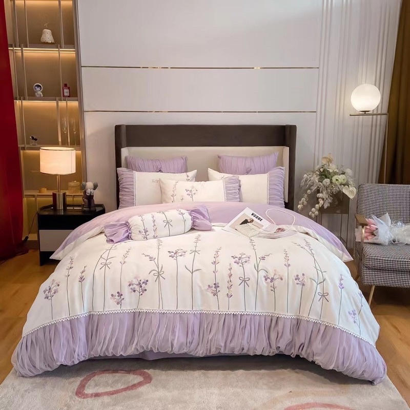 BỘ CHĂN GA LỤA80s thêu hoa oải hương Lavender tone màu tím thuỷ chung