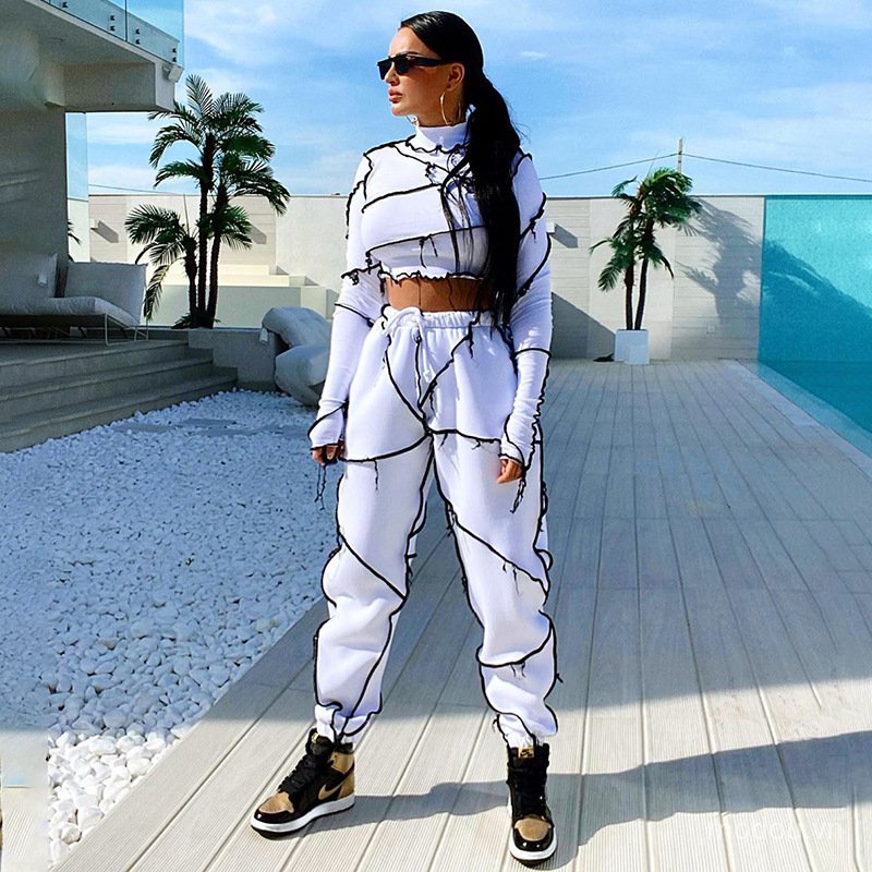 Set đồ 2 món gồm áo thun crop top tay dài phối ren + quần dài thời trang cho nữ