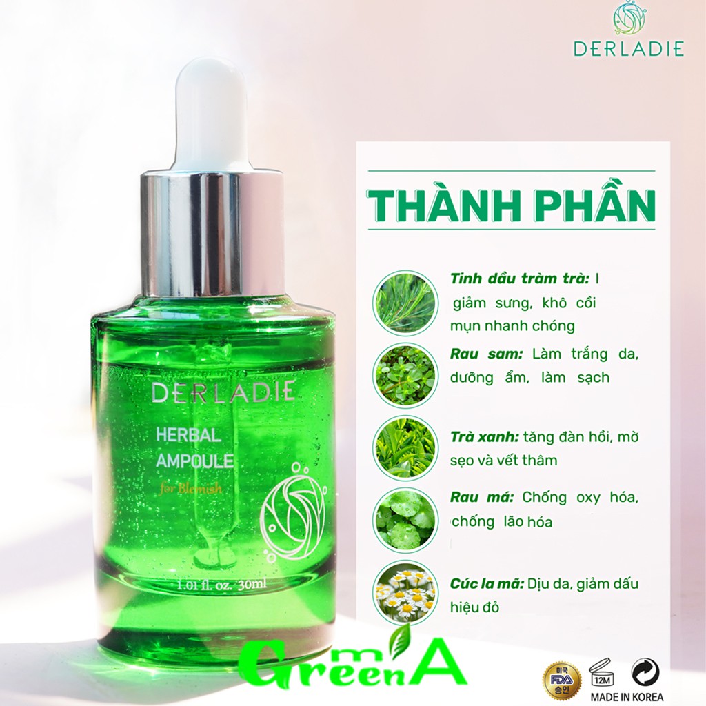 Serum Tràm Trà Derladie Tinh Chất Giảm Mụn Herbal Ampoule For Blemish Hết Mụn Sau 14 Ngày [NHẬP KHẨU CHÍNH HÃNG CÓ TEM]