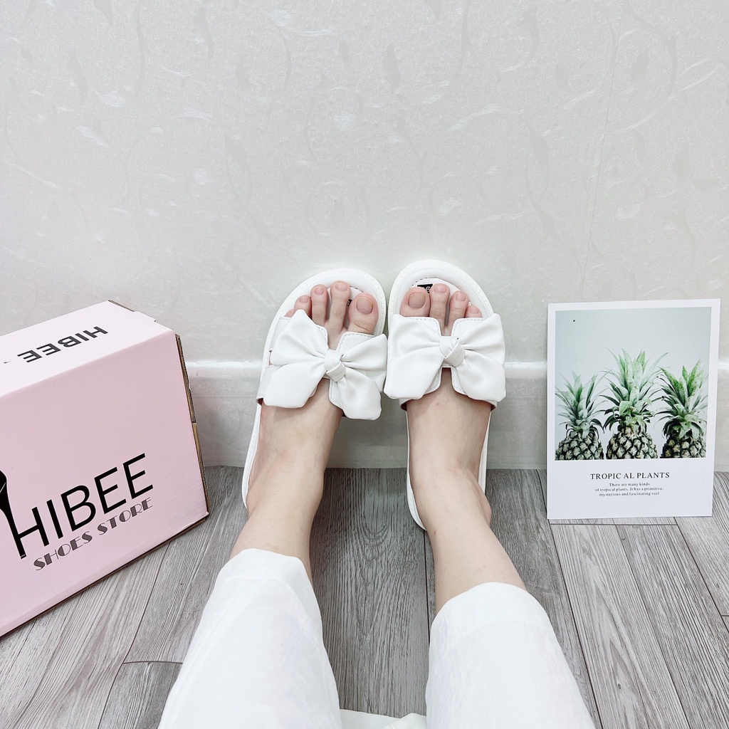 Dép nữ đế bánh mì thắt nơ quai ngang cao 3 phân da mềm siêu nhẹ hot trend HIBEE