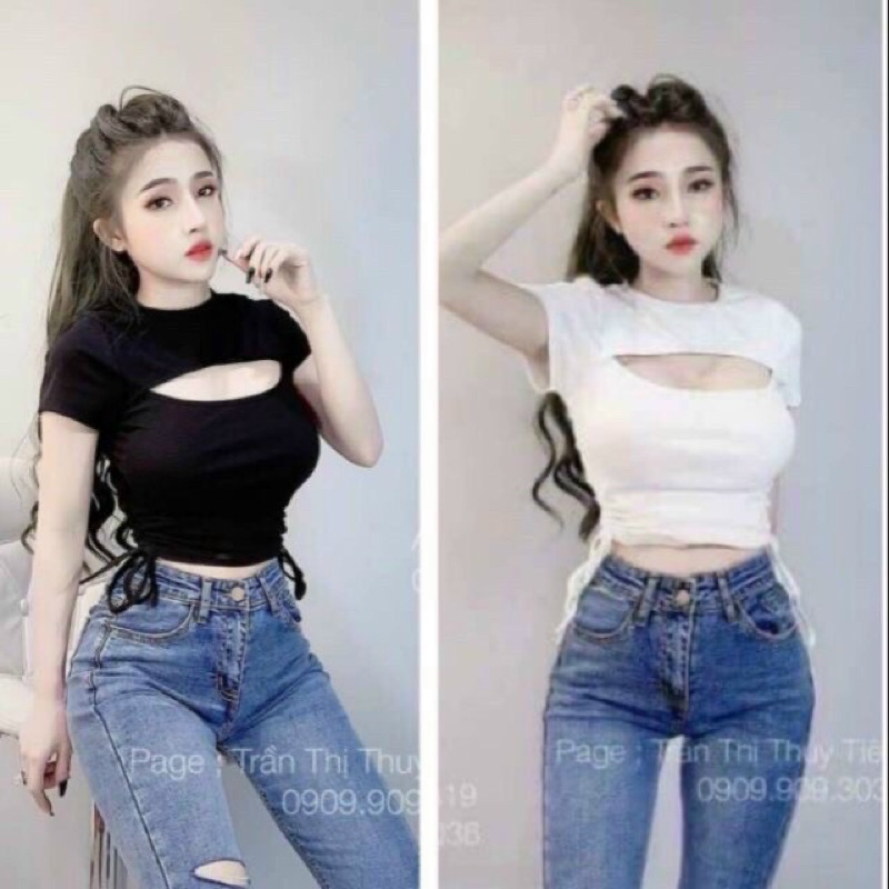 Áo thun croptop áo rút dây 2 bên chất thun gân dày dặn ,co giãn A2b